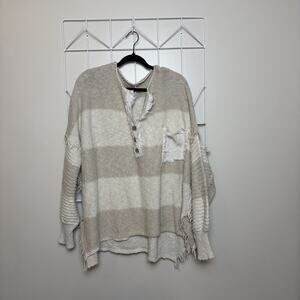 Free People Size M Road Trip Henley Sweater Oversized Striped Distressed Sweater